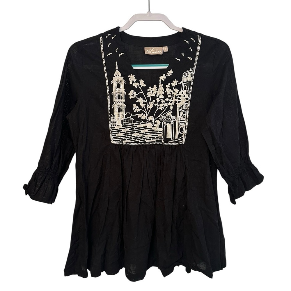 Utsa Black 3/4 Sleeve Top Cream Embroidery Women's Size S Cottage Whimsigoth EUC